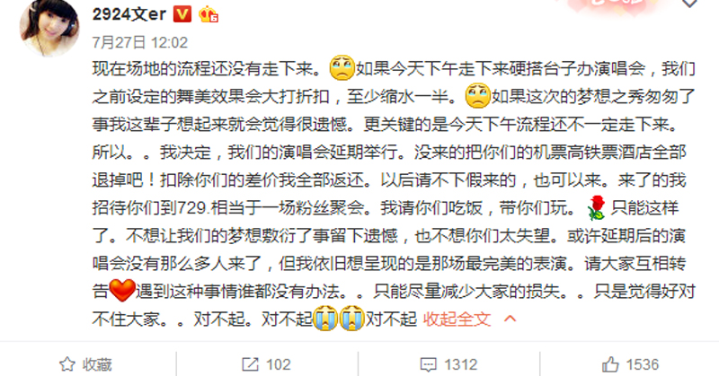 文儿演唱会遇变故延期