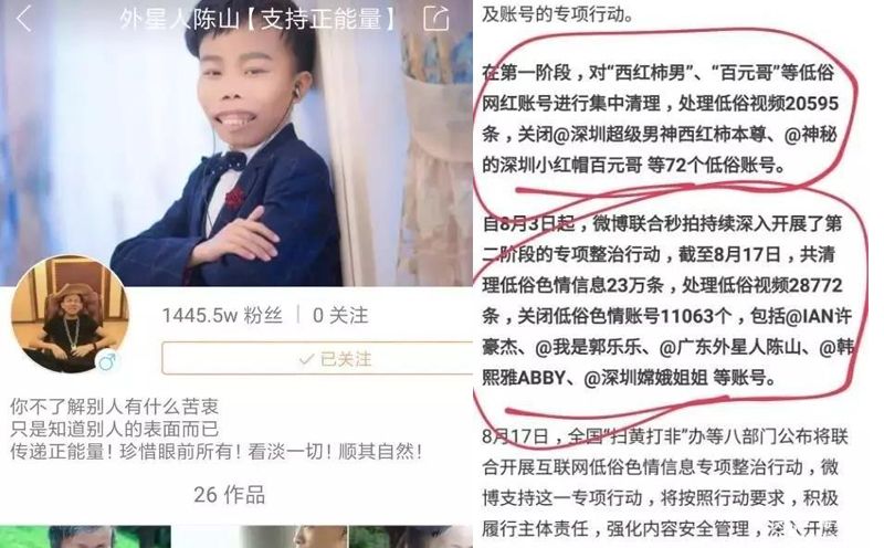 网监办“文化部门”整治低俗行动，快手网红外星人陈山号被关停！